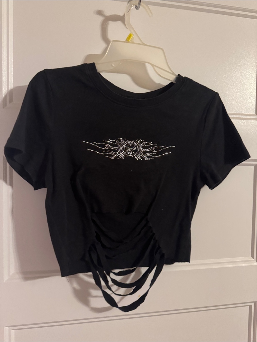 Forever 21 Black Rhinestone Cutout Fringe Crop Top